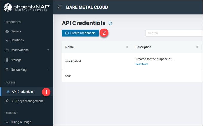 Creating credentials on the API Credentials page