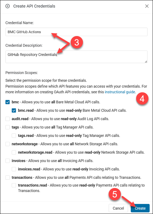 Creating credential name and description and selecting permission scopes
