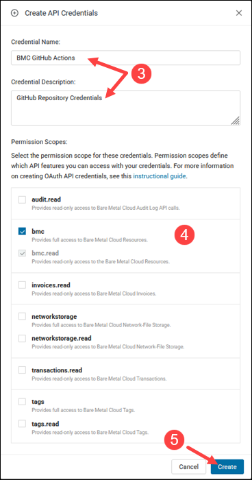 Creating credential name and description and selecting permission scopes
