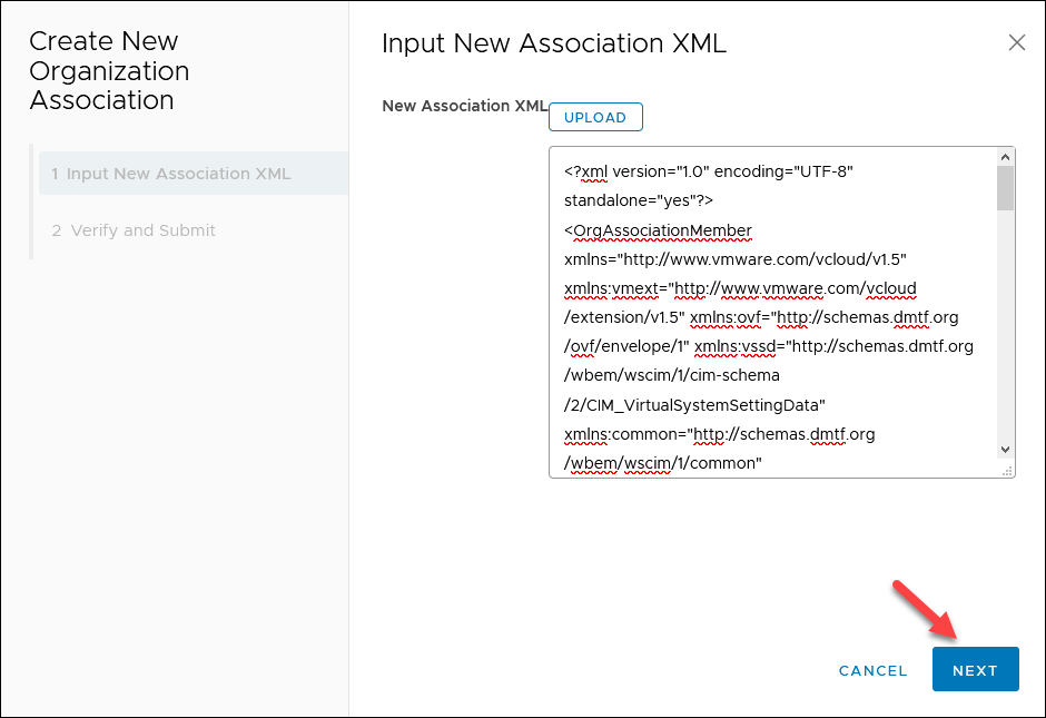 The XML upload file wizard in Cloud Director