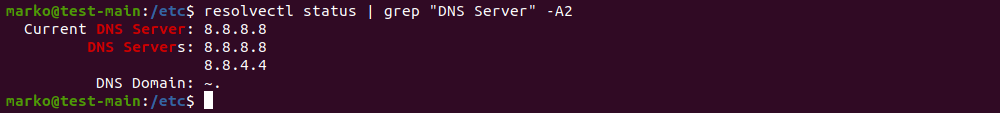 Confirming the successful configuration of new DNS nameservers using the resolvectl command
