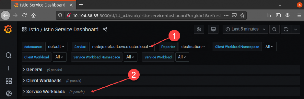 Selecting the service nodejs.default.svc.cluster.local and going to Service Workloads