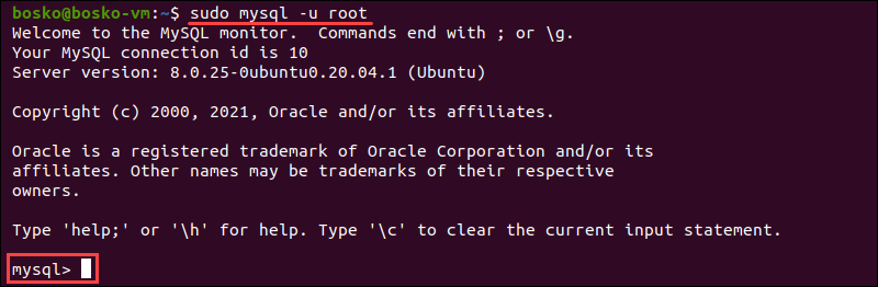 logga in på MySQL Shell i Ubuntu-terminalen.