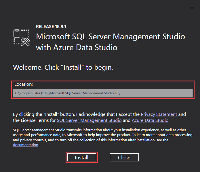 Choose an install location for SQL Server Management Studio and start the setup process
