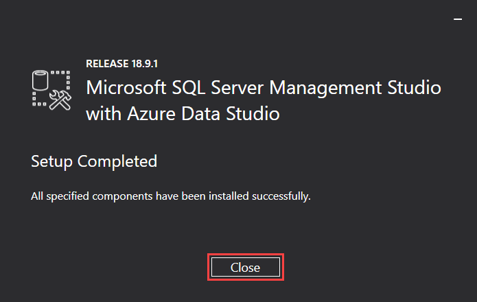 Microsoft SQL Server Management Studio installed successfully message
