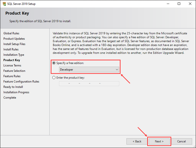 Select the version of SQL Server you want to install