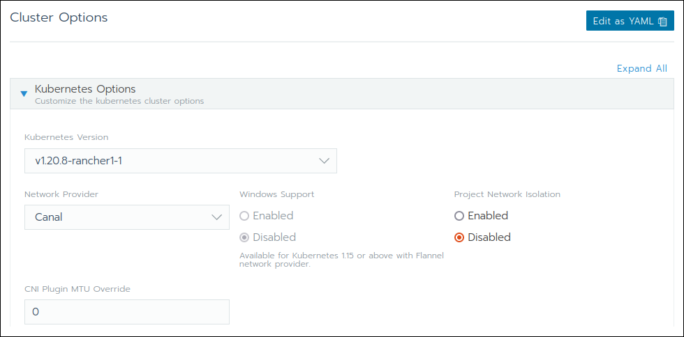 Managing Kubernetes options in the Cluster Options section of the Add Cluster dialogue in Rancher