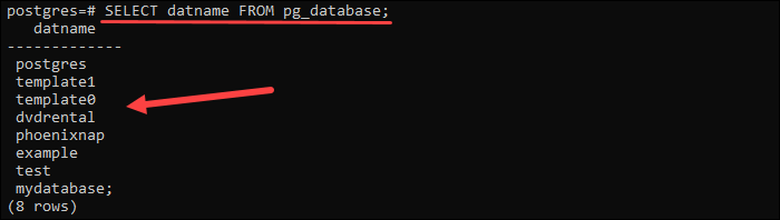 List all databases in psql using the SELECT statement.