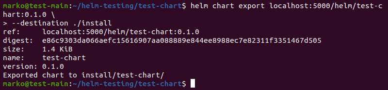 Exporting the Helm chart to a directory on a local file system using the helm chart export command and the --destination flag.