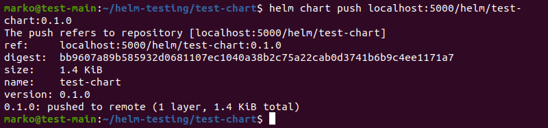 Pushing the Helm chart to a registry using the helm chart push command.