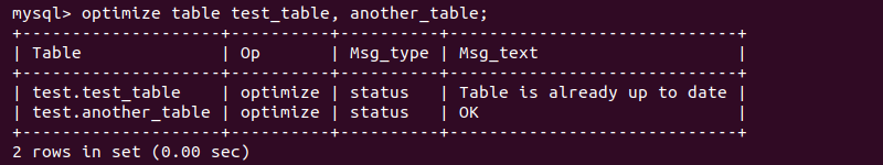 Output of the command optimize table for multiple tables