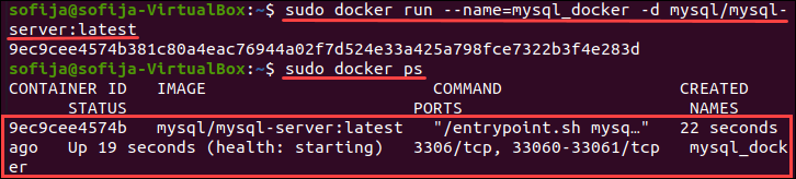 A command for running a MySQL container and checking the container state.