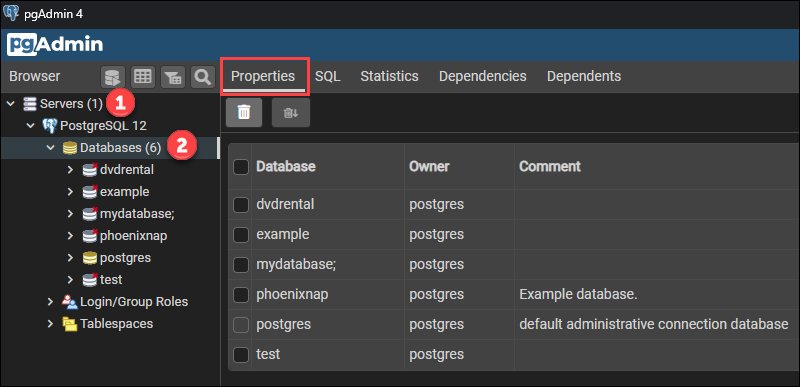 Click the Properties tab to see more information about each database