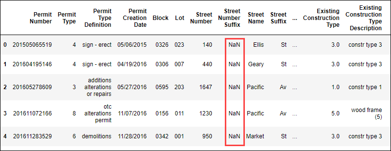 A Python DataFrame table with NaN values