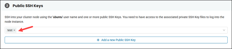 The Public SSH Keys section in Configure Cluster Settings.