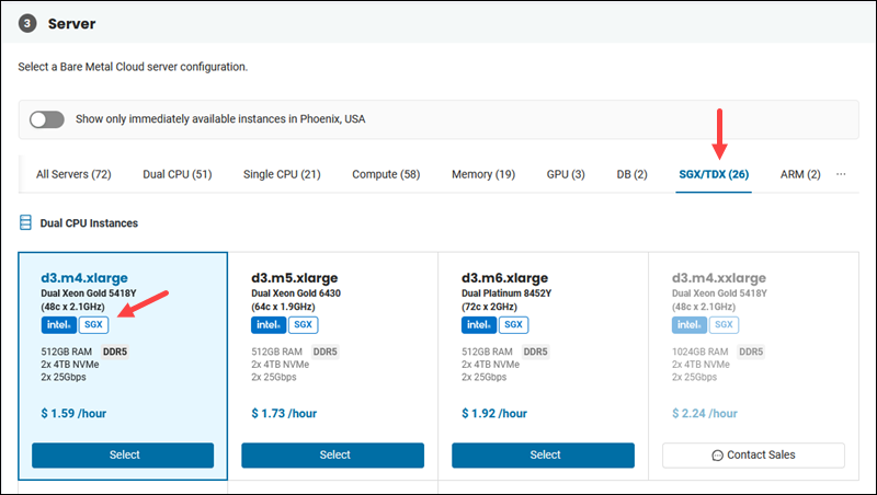 BMC portal with Intel SGX filter applied