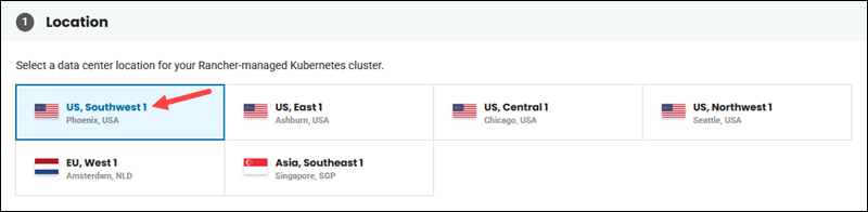 Selecting server location on Create a Rancher Management Cluster page.