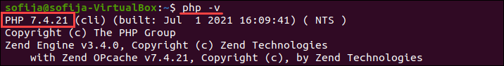Output displaying PHP 7.4 has been successfully installed on Ubuntu.