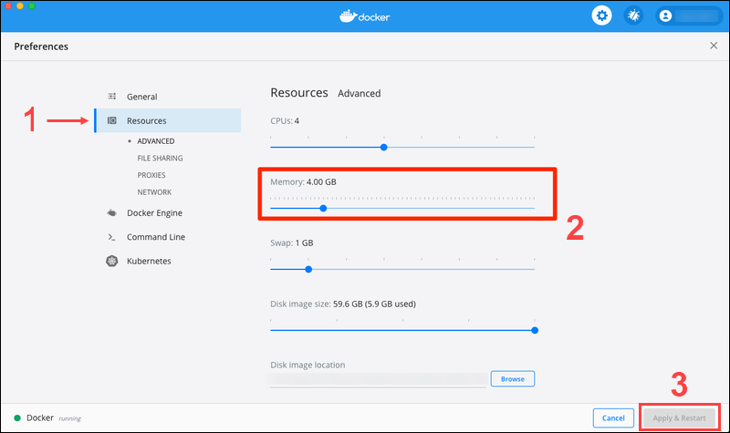 Increase Docker memory usage in the Resources tab of the Preferences screen