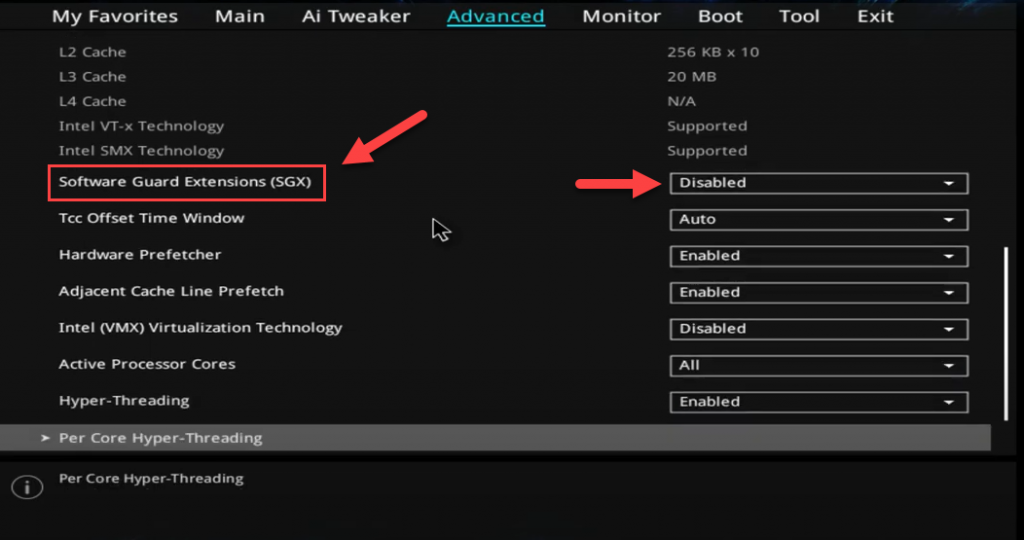 UEFI bios with SGX option in focus