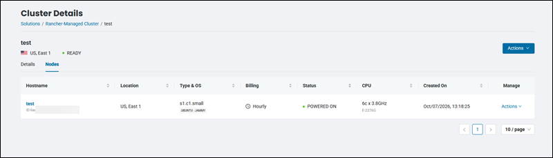 Nodes section of the cluster details page.