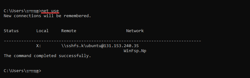 Output of the net use command