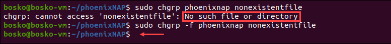 Use the -f flag to suppress potential chgrp command errors.