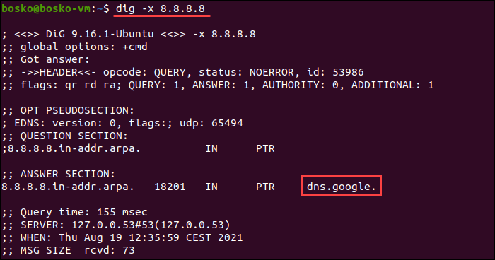 Using the dig command in linux to perform rDNS lookup.