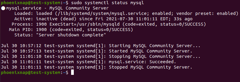 Checking the status of the MySQL service