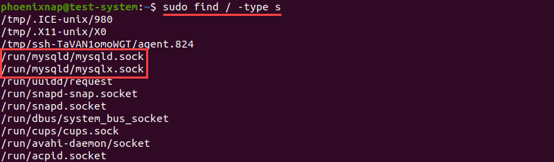 List all the socket files on your system using the find command