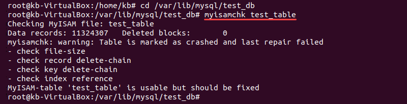 Checking a MyISAM table using myisamchk