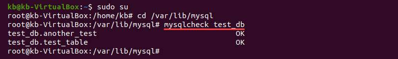 Terminal output of the mysqlcheck command