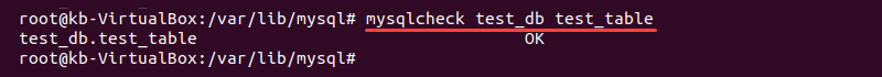 Terminal output of the mysqlcheck command on a table
