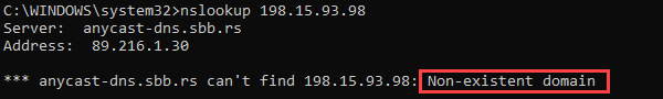 The nslookup command returns an error if rDNS isn't set up.