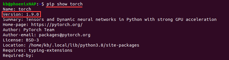 Terminal output of pip show torch