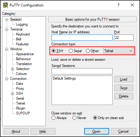 The PuTTY configuration window allows you to specify how you want to connect.