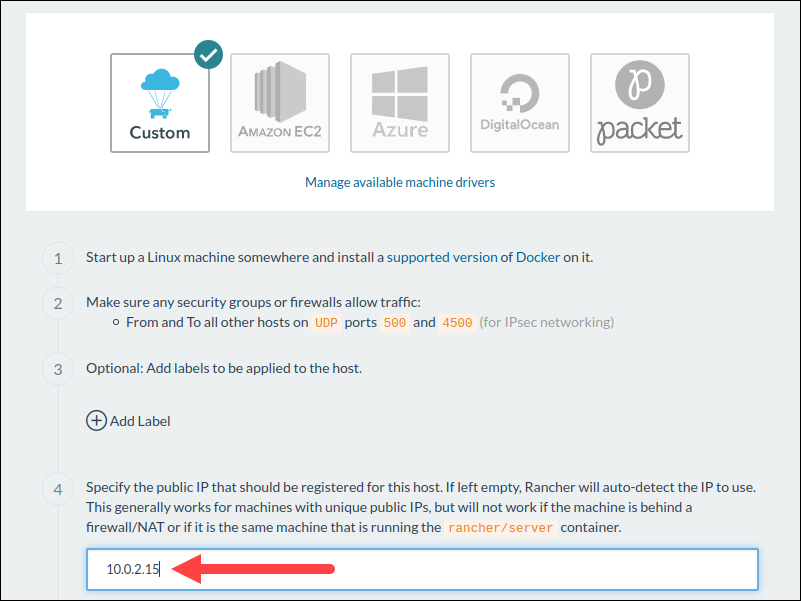 Provide the IP address of the custom host you want to set up on Rancher.