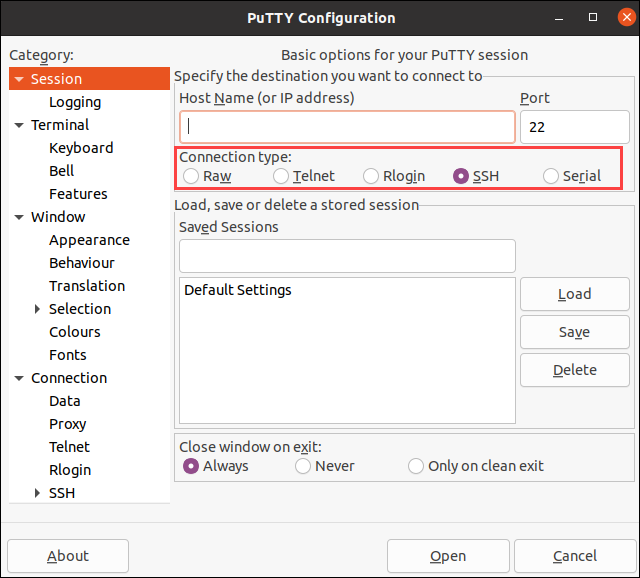 Configure PuTTY and start a new session.