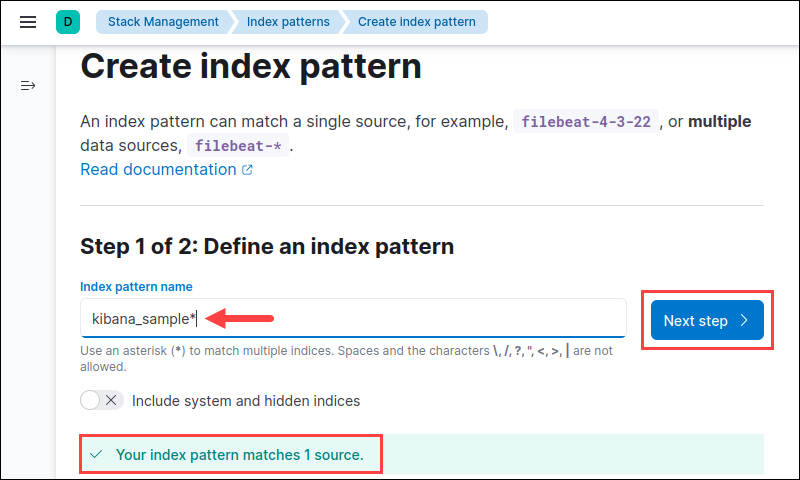 Defining the index pattern in Kibana