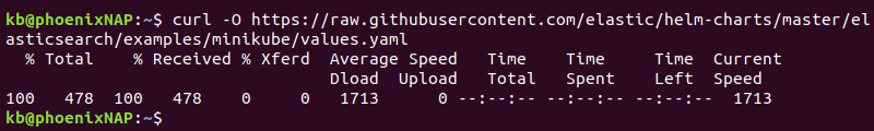 downloading values.yaml with curl command terminal output