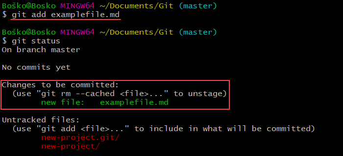 Using the git add command to add files to the index.