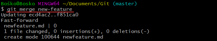 Merging branches in Git using the command line.