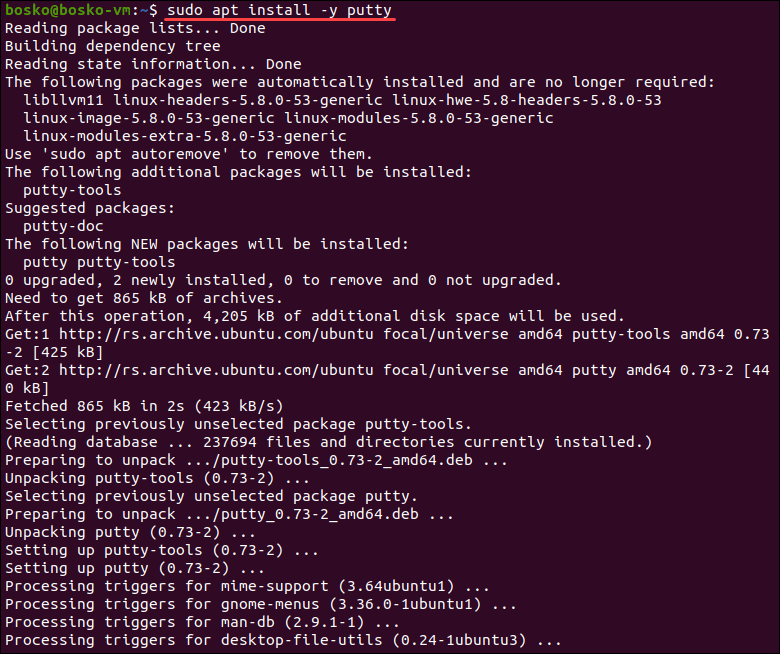 Install PuTTY via the command line.