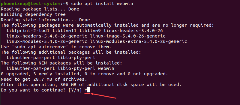 Type Y and press Enter to confirm Webmin installation