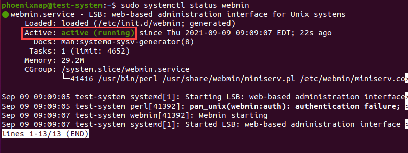 Check the status of the Webmin service to confirm installation