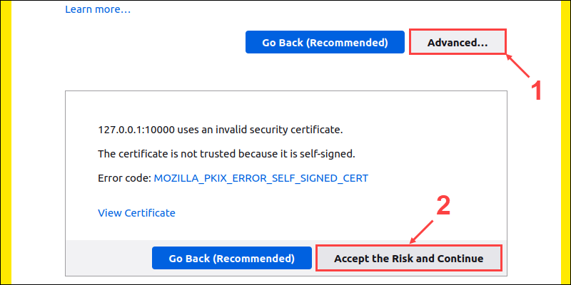 Get around the security risk warning by clicking Advanced, then Accept the Risk and Continue