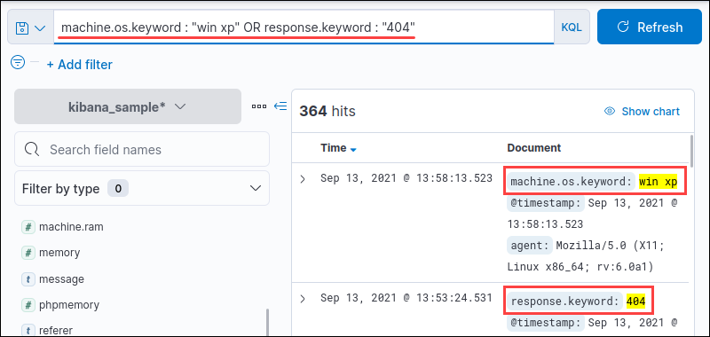 KQL OR field search output