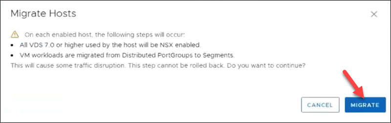 Migrate NSX hosts UI warning