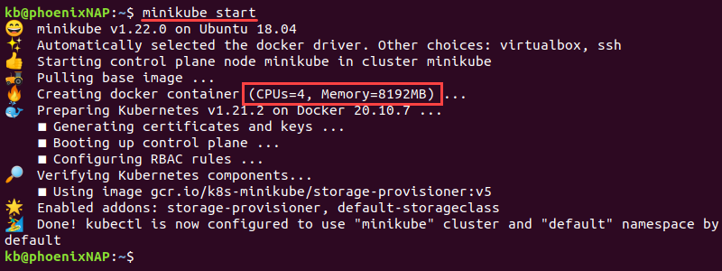 minikube start output with 4 cpus and 8192MB memory