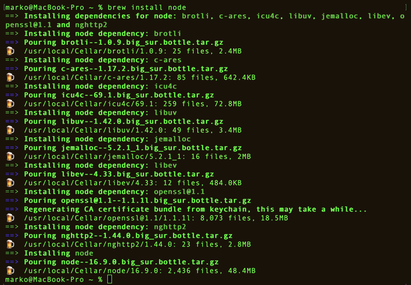 homebrew install node